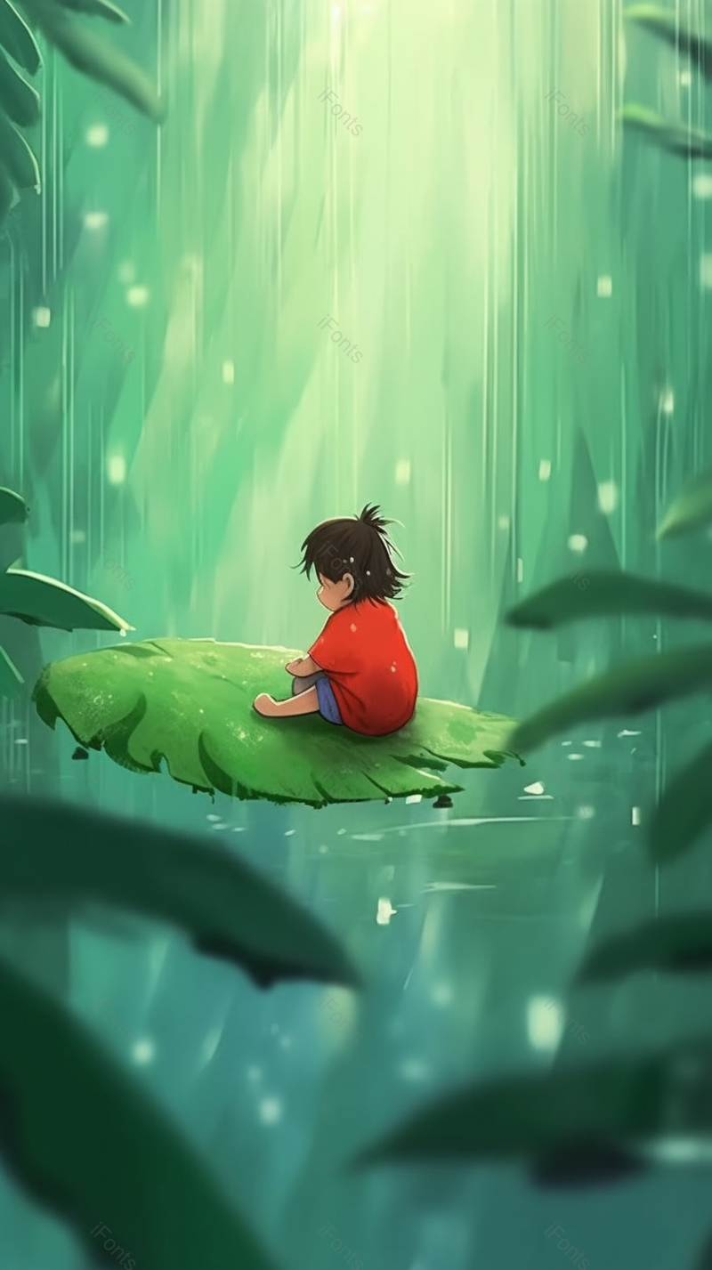 孩子坐在巨大的树叶上观望着风景创意儿童插画设计背景,插画/手绘图,插画/手绘图库,插画/手绘图下载,插画/手绘